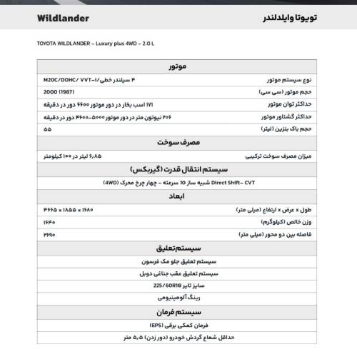 تویوتا مدل وایلندر 2.0 لیتر دو دیفرانسیل سال 2025  صفر